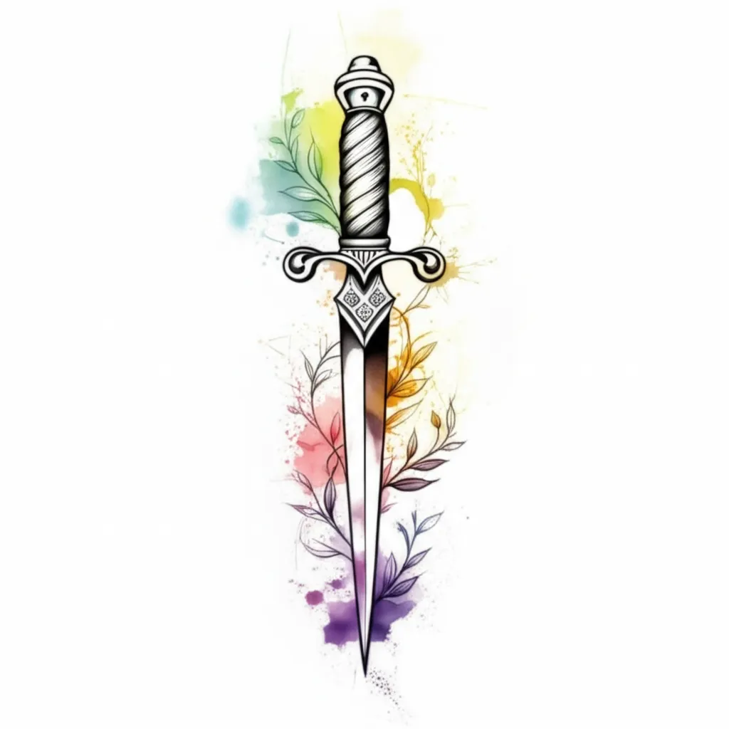Watercolor Dagger Tattoo with Vines and Baltimore, Maryland Detail Watercolor Dagger Tattoo with Vines and Baltimore, Maryland Detail