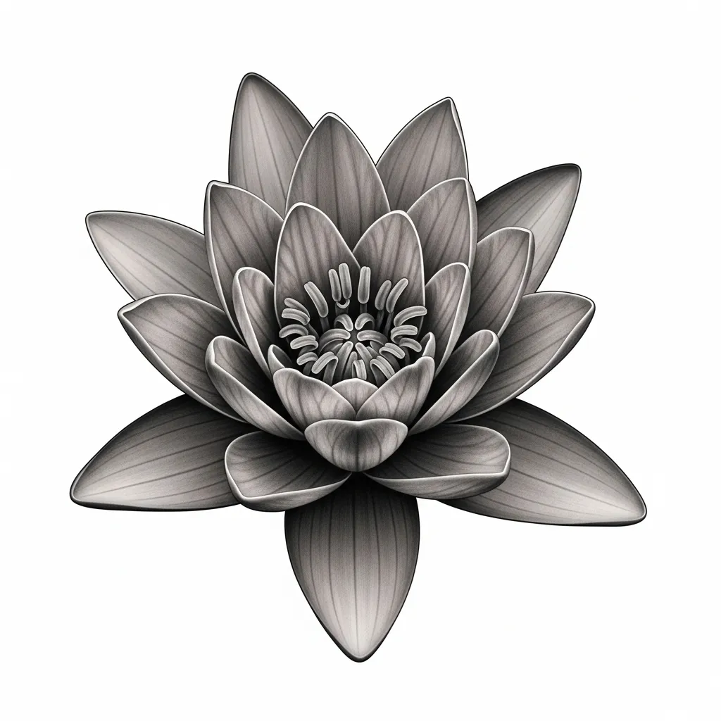 Realistic Water Lilly Tattoo Design with Larkspur and Lion Elements
