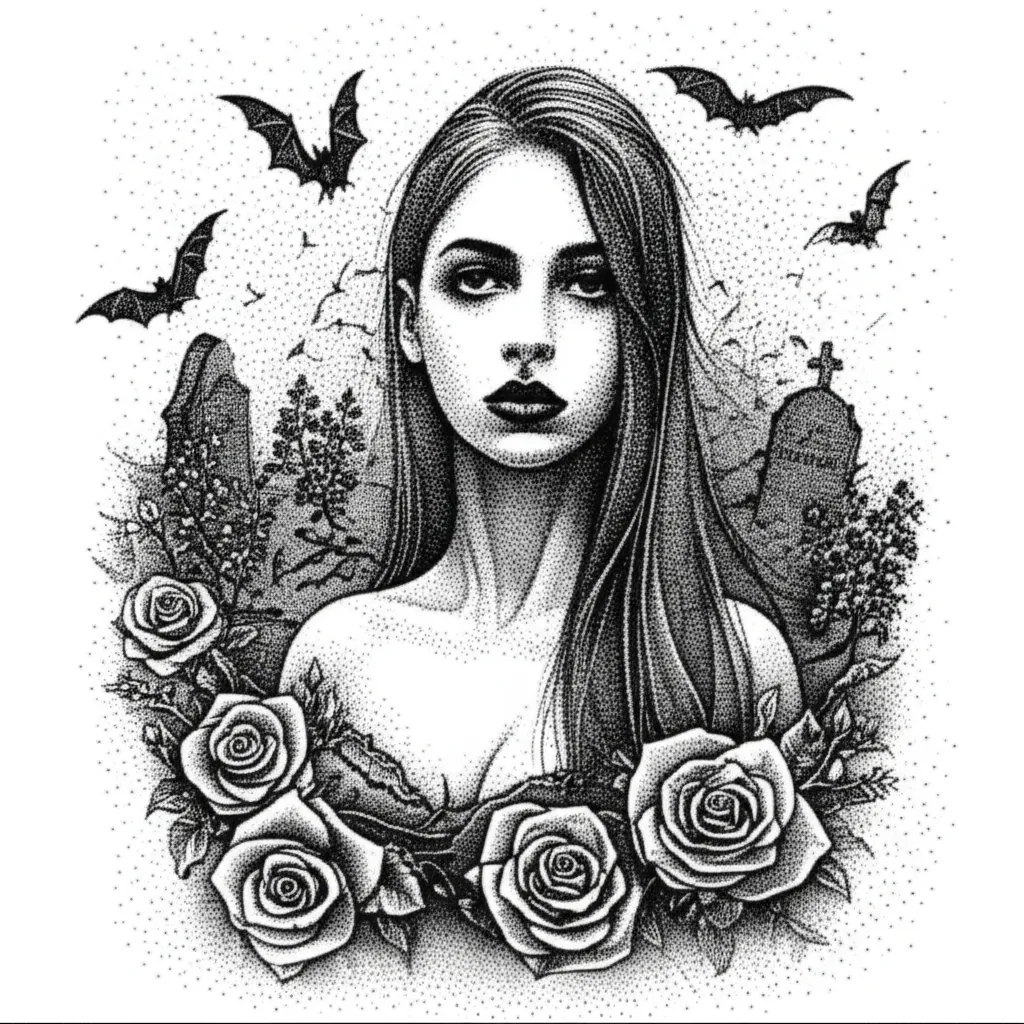 Dark Triad Dotwork Sleeve Tattoo of Faceless Woman with Roses and Bats in Graveyard