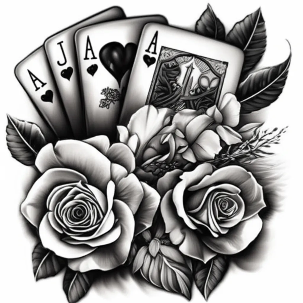 Realistic Western Tattoo with Flowers and Cards Design Realistic Western Tattoo with Flowers and Cards Design