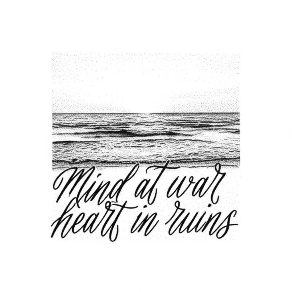 Dotwork Beach Sunset Tattoo with 'Mind at War Heart in Ruins' Script Dotwork Beach Sunset Tattoo with 'Mind at War Heart in Ruins' Script