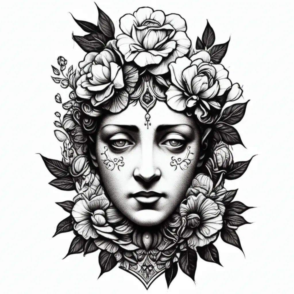 Illustrative Face and Flowers Tattoo Design