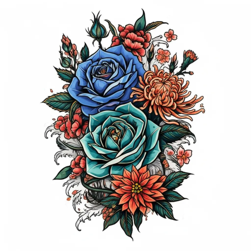 Japanese Traditional Floral Tattoo: Roses, Carnations, Daisies, Chrysanthemums, Poinsettia Japanese Traditional Floral Tattoo: Roses, Carnations, Daisies, Chrysanthemums, Poinsettia