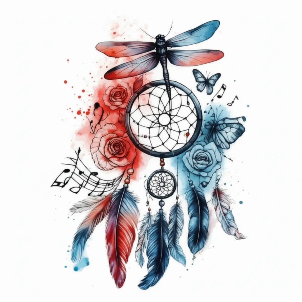 Watercolor Dreamcatcher Tattoo with Dragonfly, Butterfly, Roses & Music Notes Watercolor Dreamcatcher Tattoo with Dragonfly, Butterfly, Roses & Music Notes