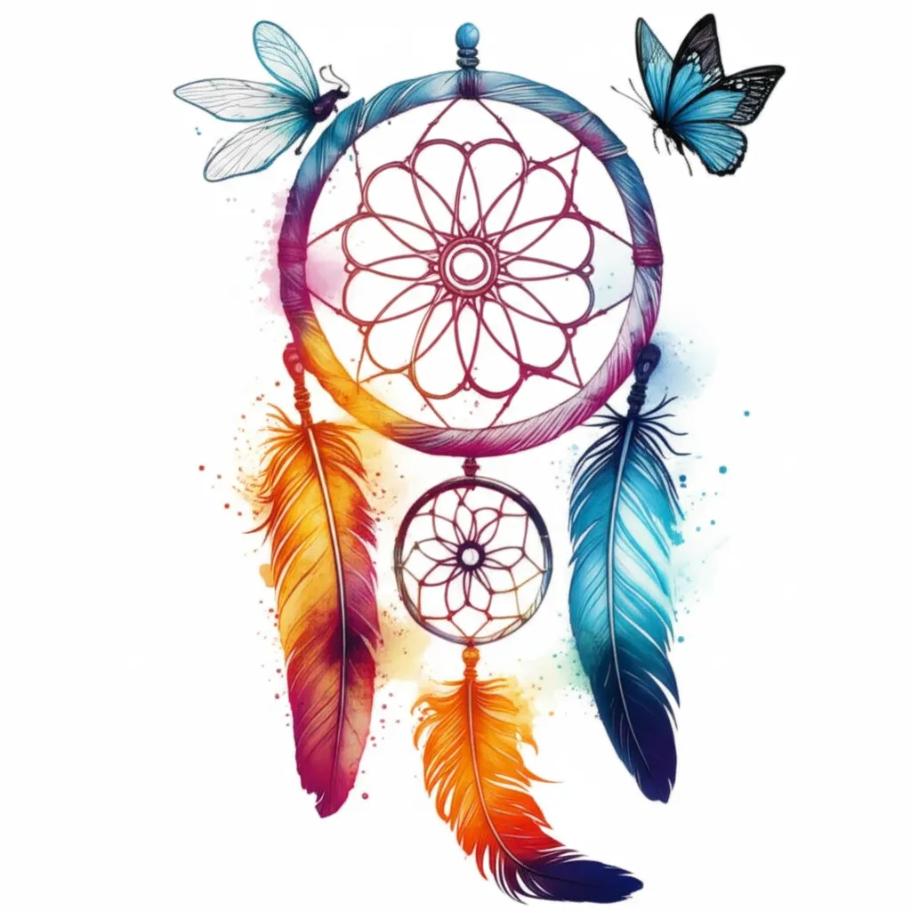 Watercolor Dreamcatcher with Feathers, Dragonfly & Butterfly Tattoo Watercolor Dreamcatcher with Feathers, Dragonfly & Butterfly Tattoo