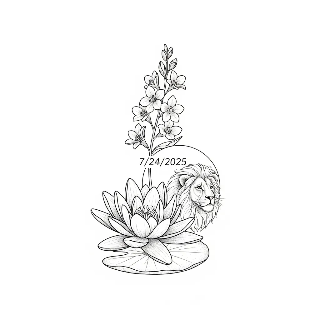 Fine Line Lion with Water Lily and Larkspur Tattoo Design