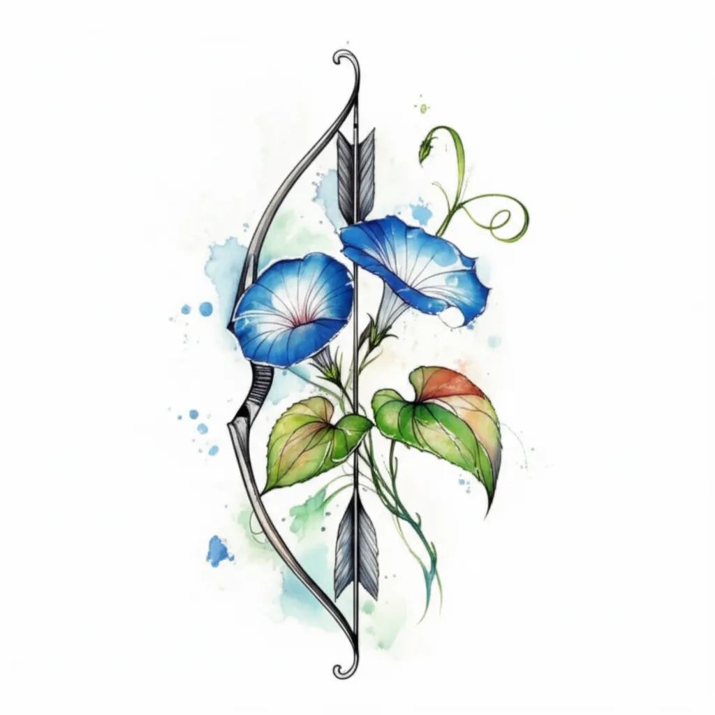 Watercolor Bow and Arrow with Morning Glory Flower Tattoo