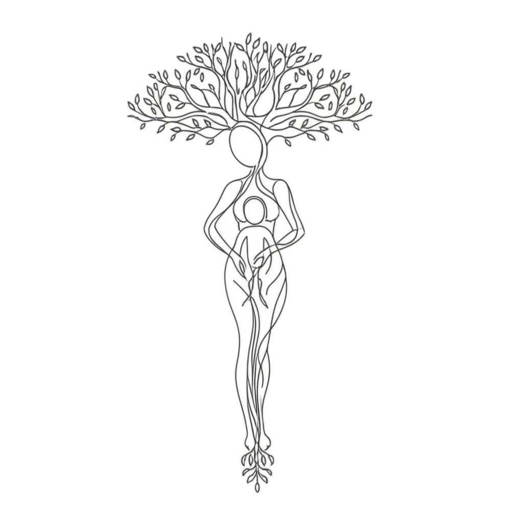 Minimalist Woman and Child Tree Tattoo with Roots and Branches