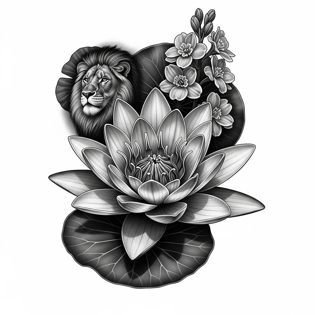 Realism Lion and Water Lily Tattoo with Larkspur Flowers