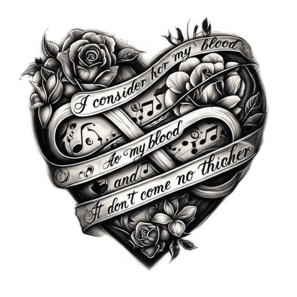 Realistic Heart Tattoo with Flowers, Music Notes, Infinity Symbol and Meaningful Quote