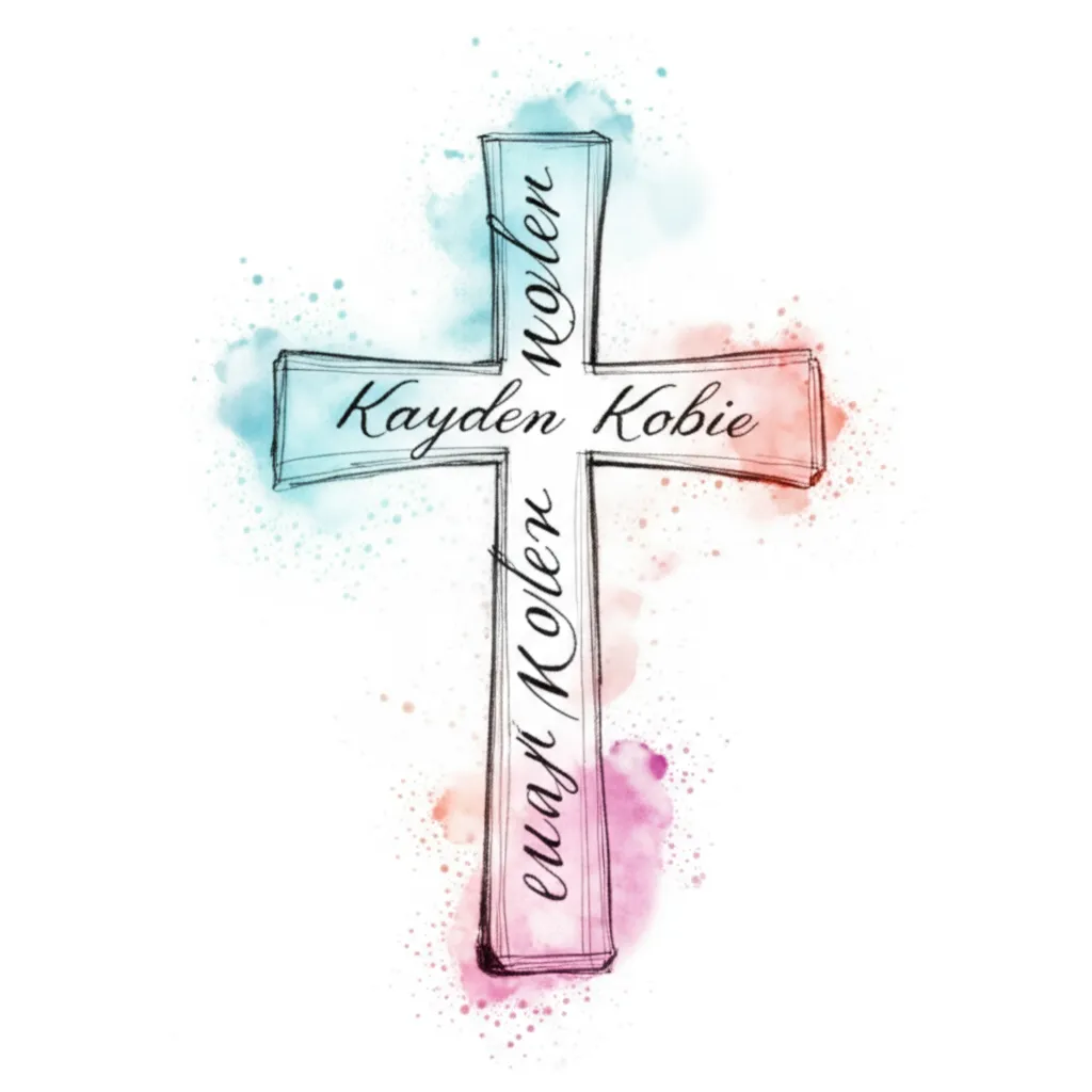 Watercolor Cross Tattoo with Names Kayden, Kobie, and Kyler Watercolor Cross Tattoo with Names Kayden, Kobie, and Kyler