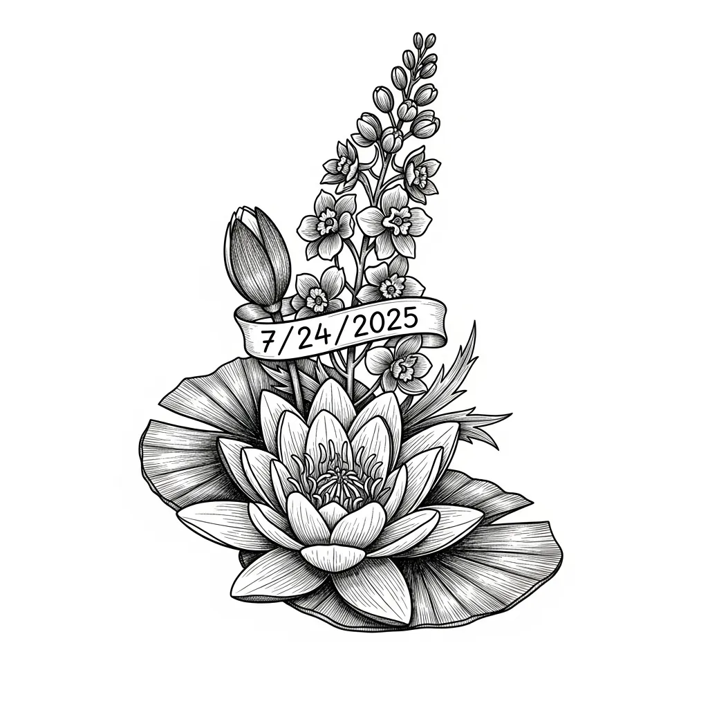 Elegant Water Lilly and Larkspur Tattoo with Date Banner
