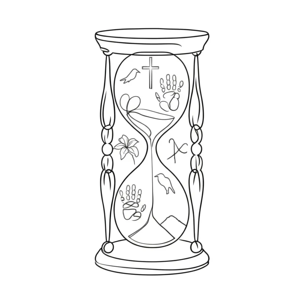 Minimalist Hourglass Tattoo with Cross, Lily, Crow, and Sagittarius Symbol Minimalist Hourglass Tattoo with Cross, Lily, Crow, and Sagittarius Symbol