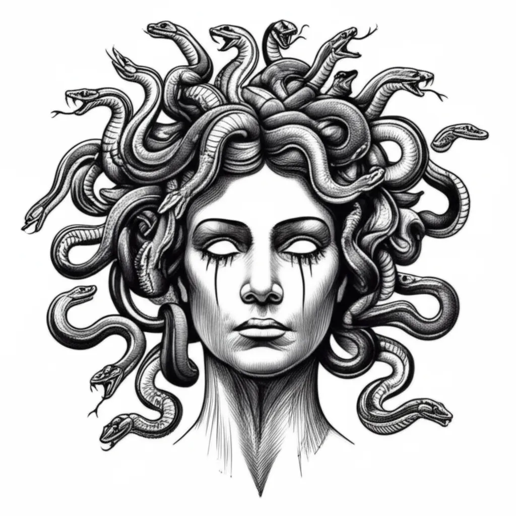 Illustrative Medusa Tattoo with Snakes and Soulless Eyes Illustrative Medusa Tattoo with Snakes and Soulless Eyes
