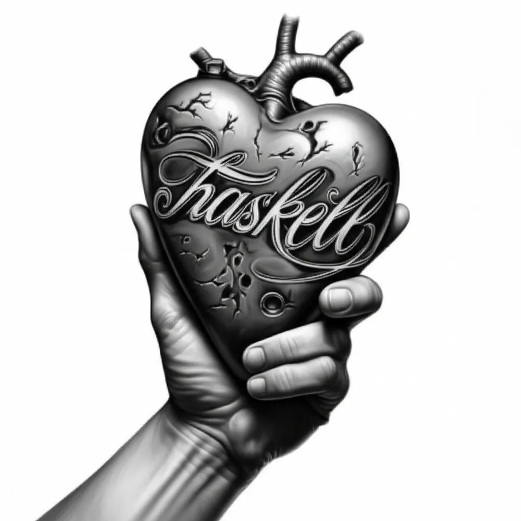 Realism Tattoo of a Heart Fused with an Engine Held in Hand Featuring 'Haskell' Script