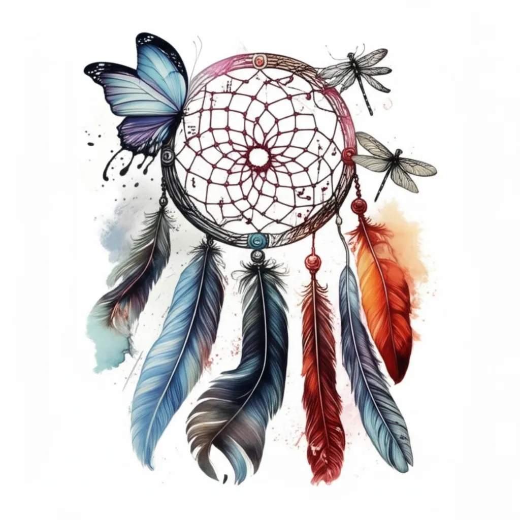 Watercolor Dreamcatcher Tattoo with Feathers, Dragonfly and Butterfly Watercolor Dreamcatcher Tattoo with Feathers, Dragonfly and Butterfly