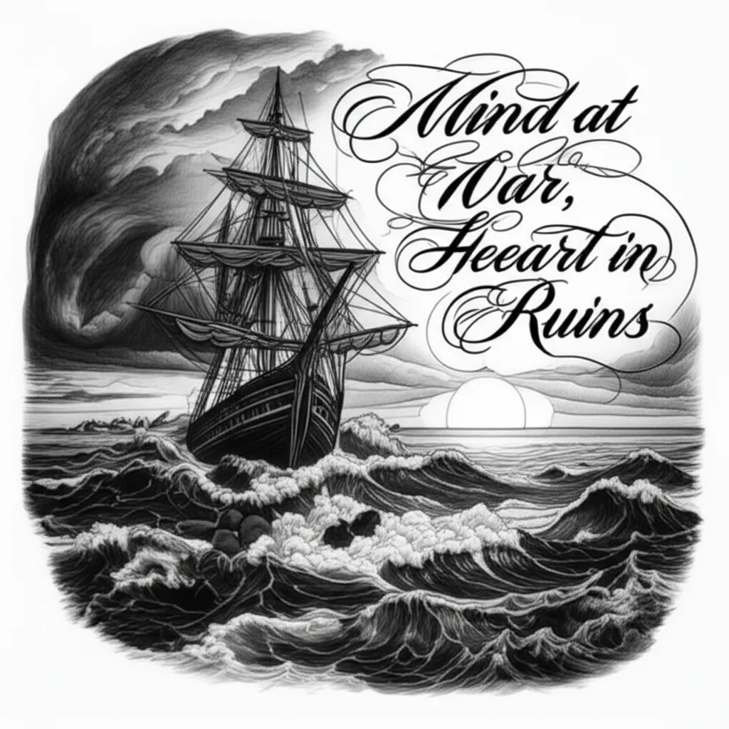 Mind at War, Heart in Ruins Tattoo: Beach Sunset & Script Design Mind at War, Heart in Ruins Tattoo: Beach Sunset & Script Design