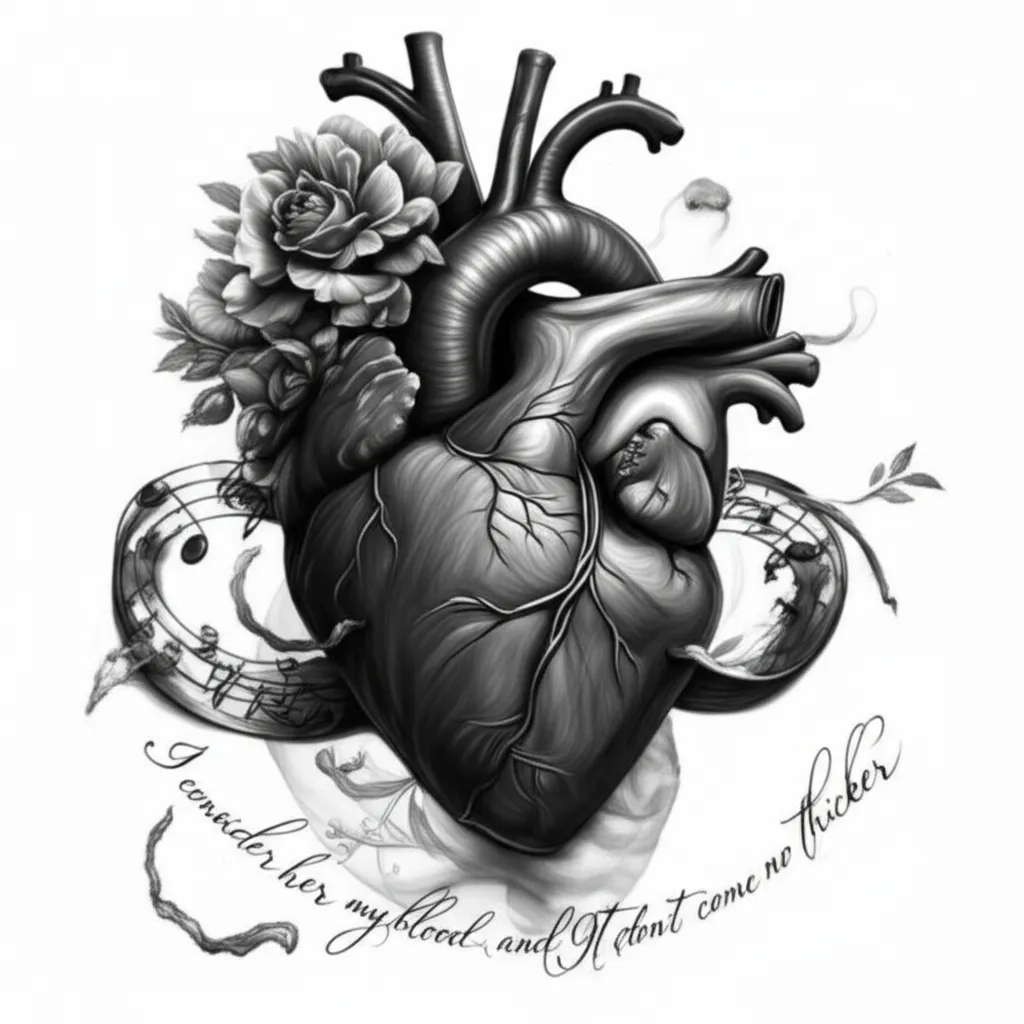 Realistic Heart Tattoo with Flowers, Music Notes, Infinity Symbol & Meaningful Quote Realistic Heart Tattoo with Flowers, Music Notes, Infinity Symbol & Meaningful Quote