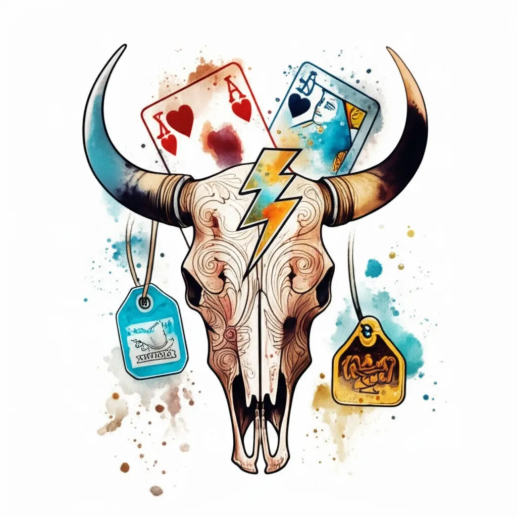 Watercolor Bull Skull Half Sleeve Tattoo Design with Cards and Lightning Bolt