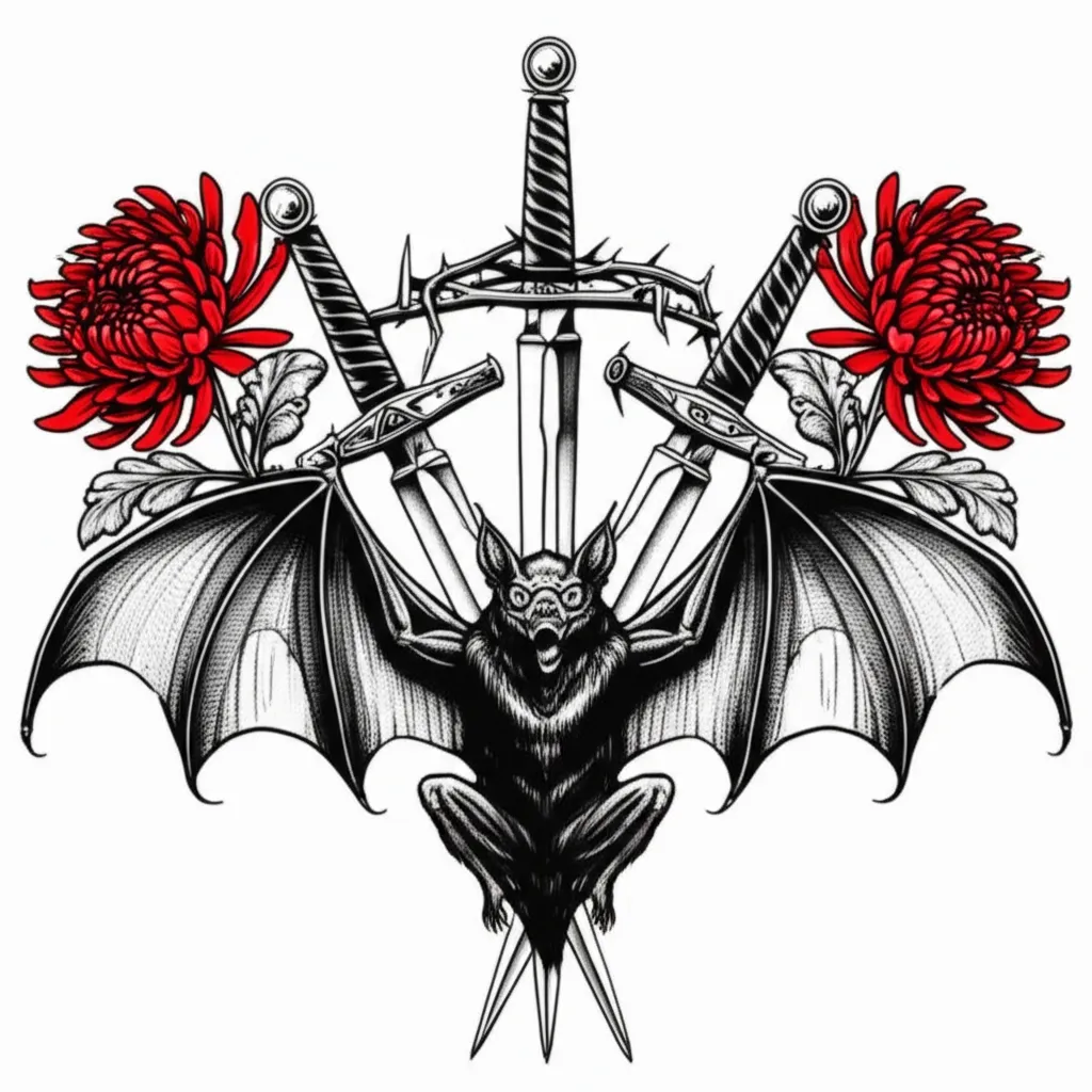 Gothic Bat, Swords, and Chrysanthemum Tattoo Design Gothic Bat, Swords, and Chrysanthemum Tattoo Design