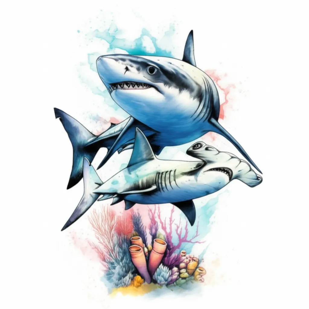 Watercolor Shark Tattoo: Great White, Mako & Hammerhead in Coral Watercolor Shark Tattoo: Great White, Mako & Hammerhead in Coral