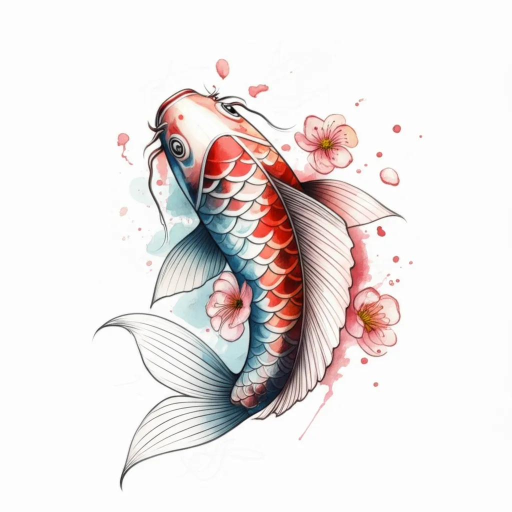 Watercolor Japanese Koi Fish Tattoo with Cherry Blossom Design Watercolor Japanese Koi Fish Tattoo with Cherry Blossom Design