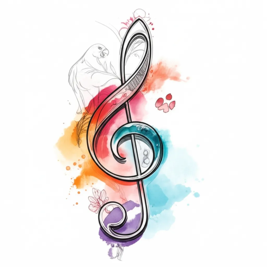 Watercolor Music Clef Tattoo with Flowers and Parrot Design