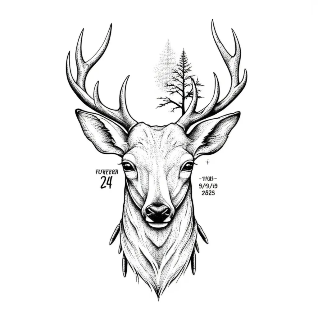 Fine Line Deer Head Tattoo with Trees, Bullets, and Memorial Dates Fine Line Deer Head Tattoo with Trees, Bullets, and Memorial Dates