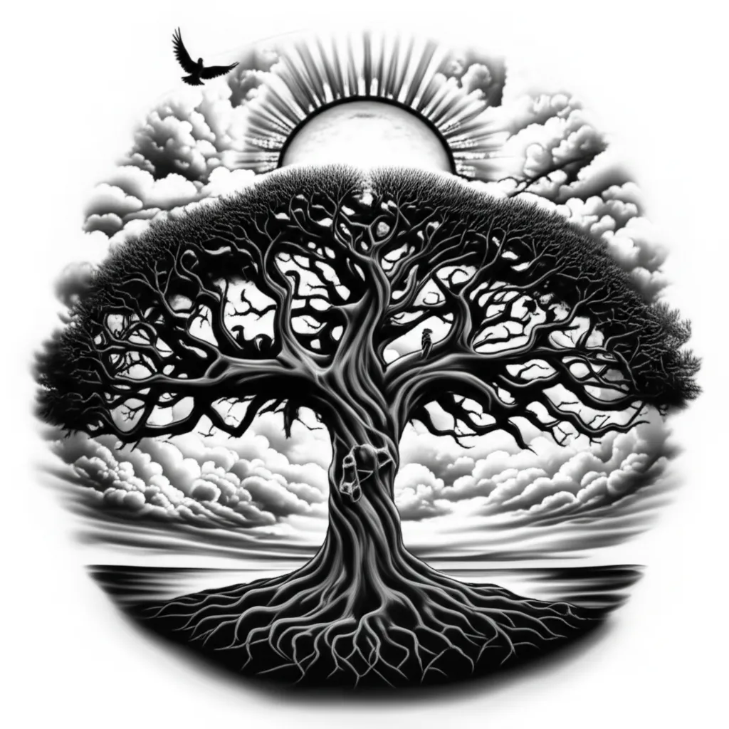 Realistic Tree of Life Tattoo with Birds, Sun, and Clouds