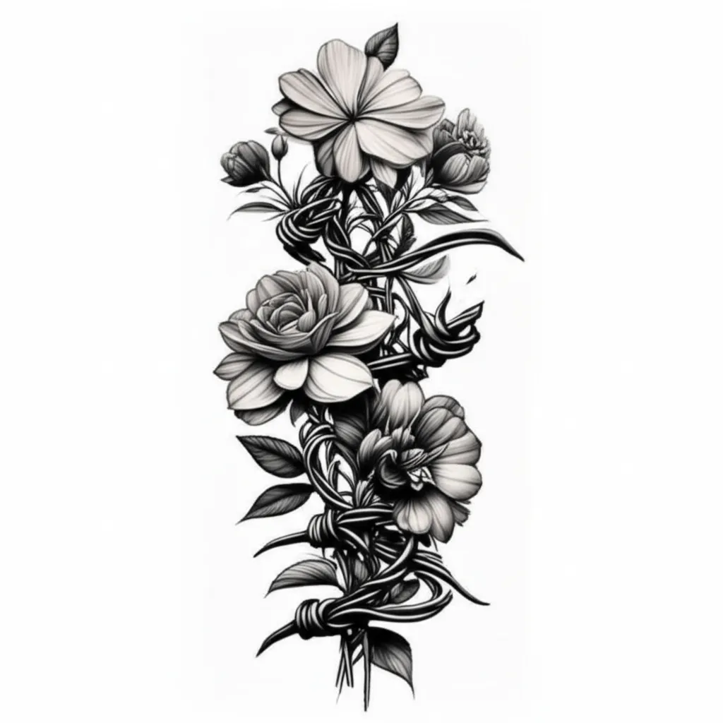 Realism Barbed Wire and Flowers Spine Tattoo Design