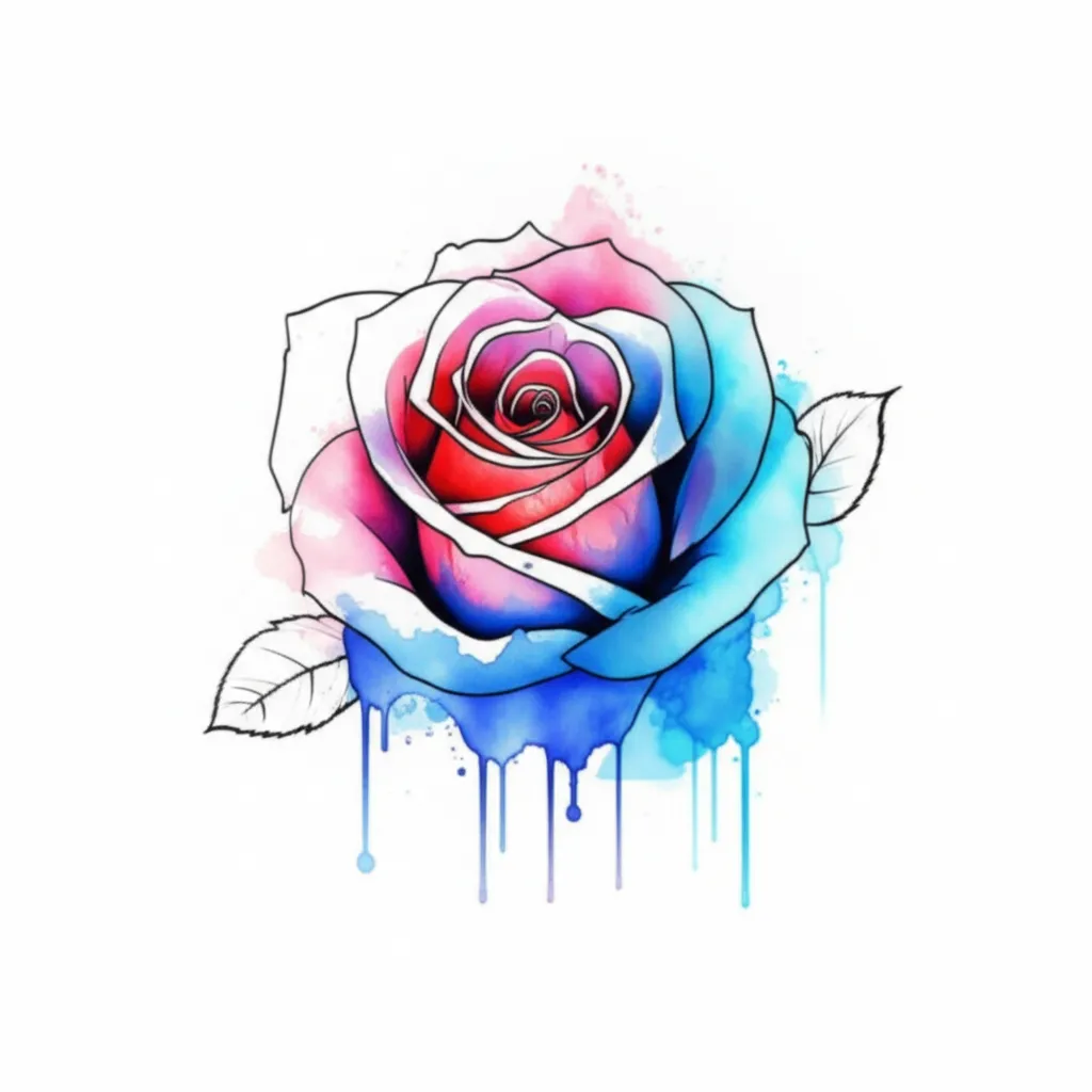 Watercolor Rose Tattoo with Neon Blue Bleeding Effect – Unique Artistic Floral Design