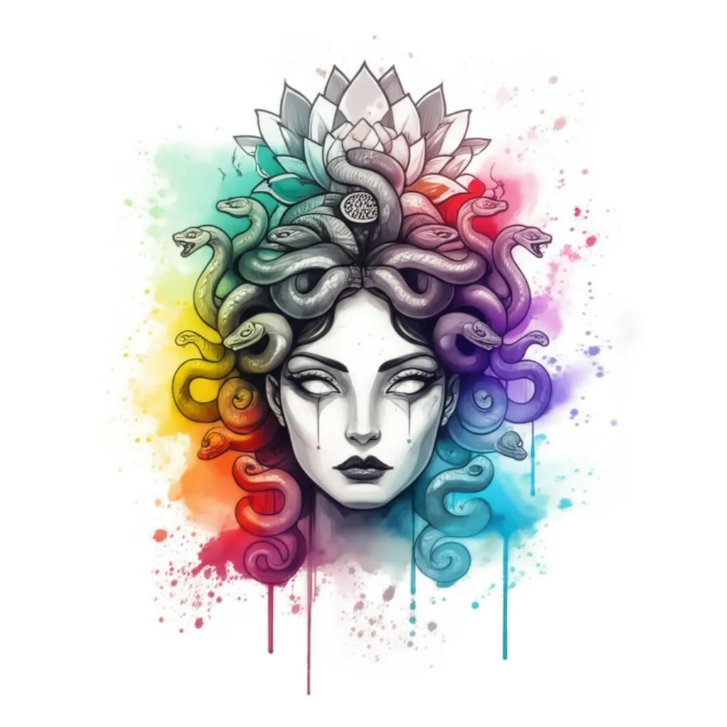 Watercolor Medusa Tattoo with Glowing Eyes and Lotus Flower