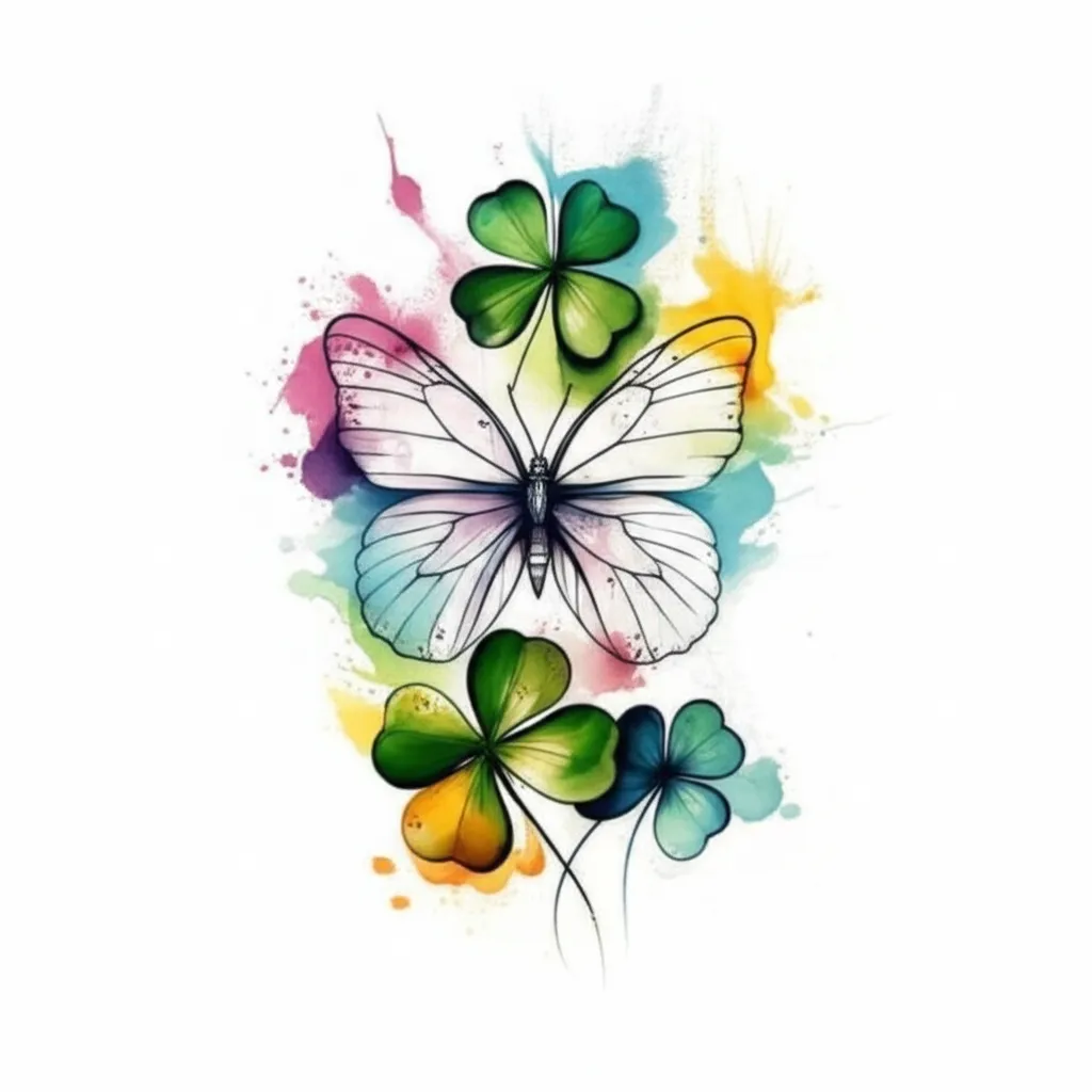 Watercolor Butterfly and Four Leaf Clover Half Sleeve Tattoo Watercolor Butterfly and Four Leaf Clover Half Sleeve Tattoo