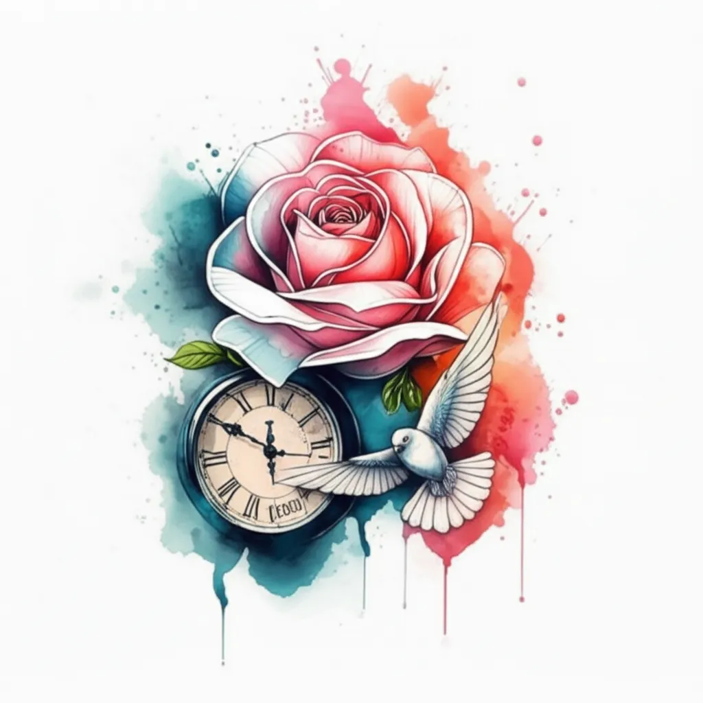 Watercolor Rose, Clock, and Bird Tattoo Design for Memorial Watercolor Rose, Clock, and Bird Tattoo Design for Memorial