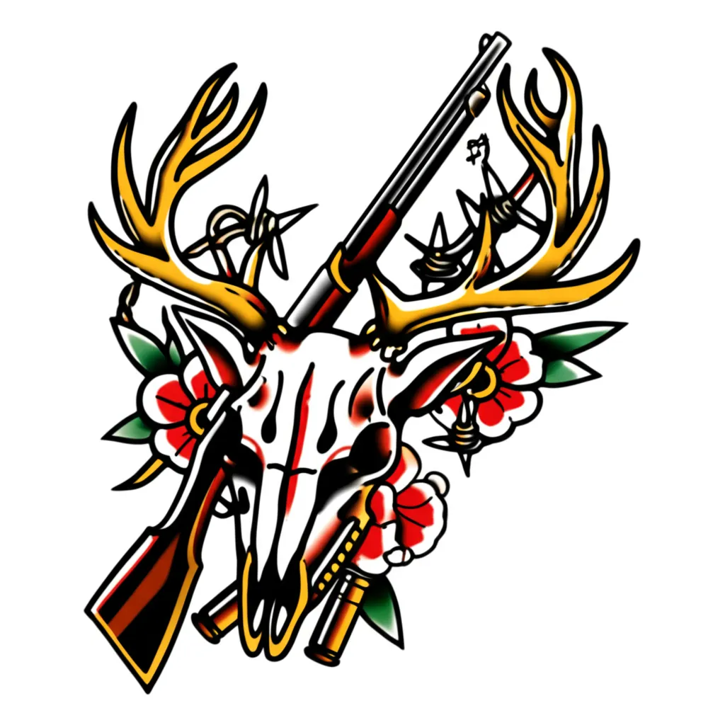 American Traditional Deer Skull Tattoo with Floral and Barbwire
