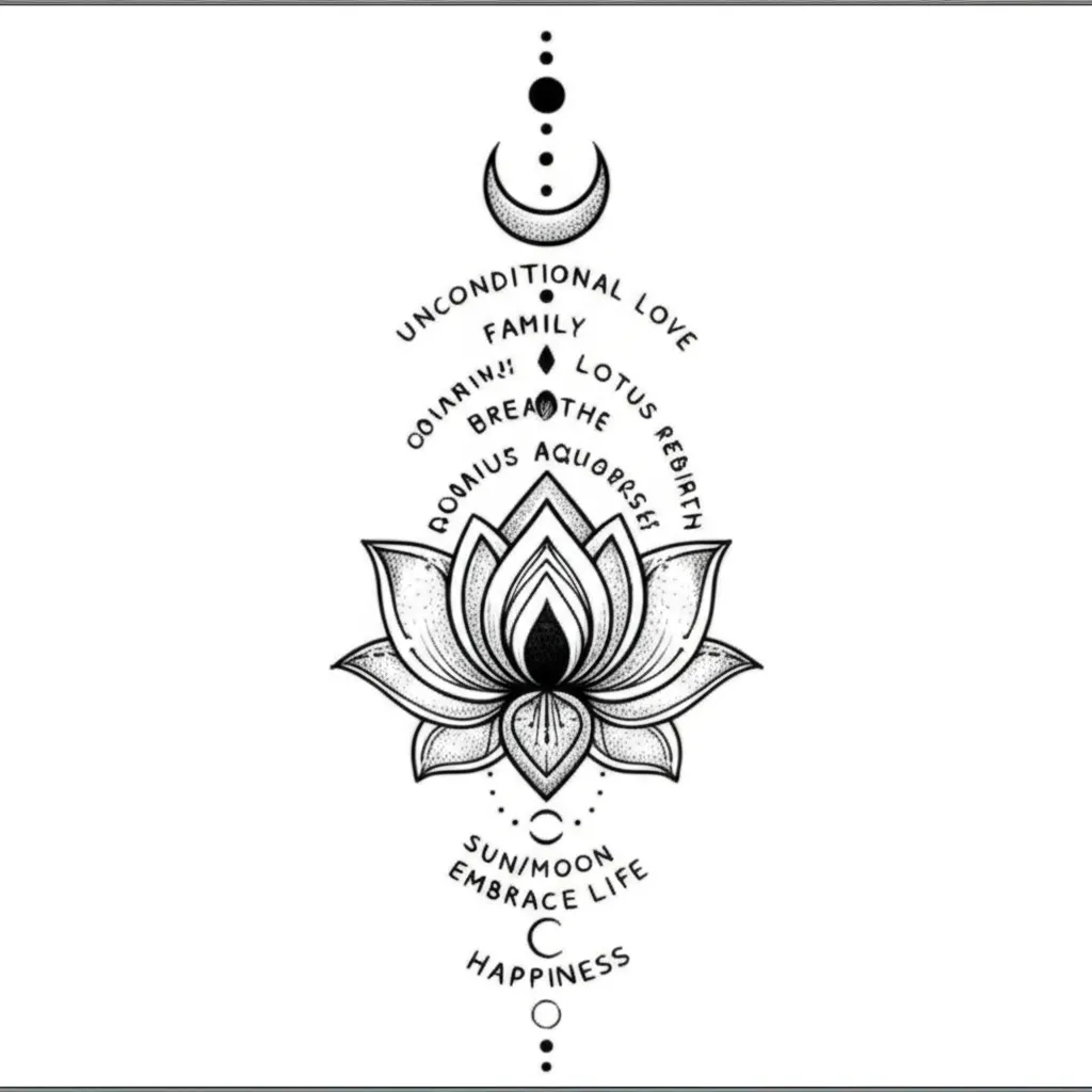 Unalome Tattoo with Lotus and Bohemian Symbols: Fine Line Style