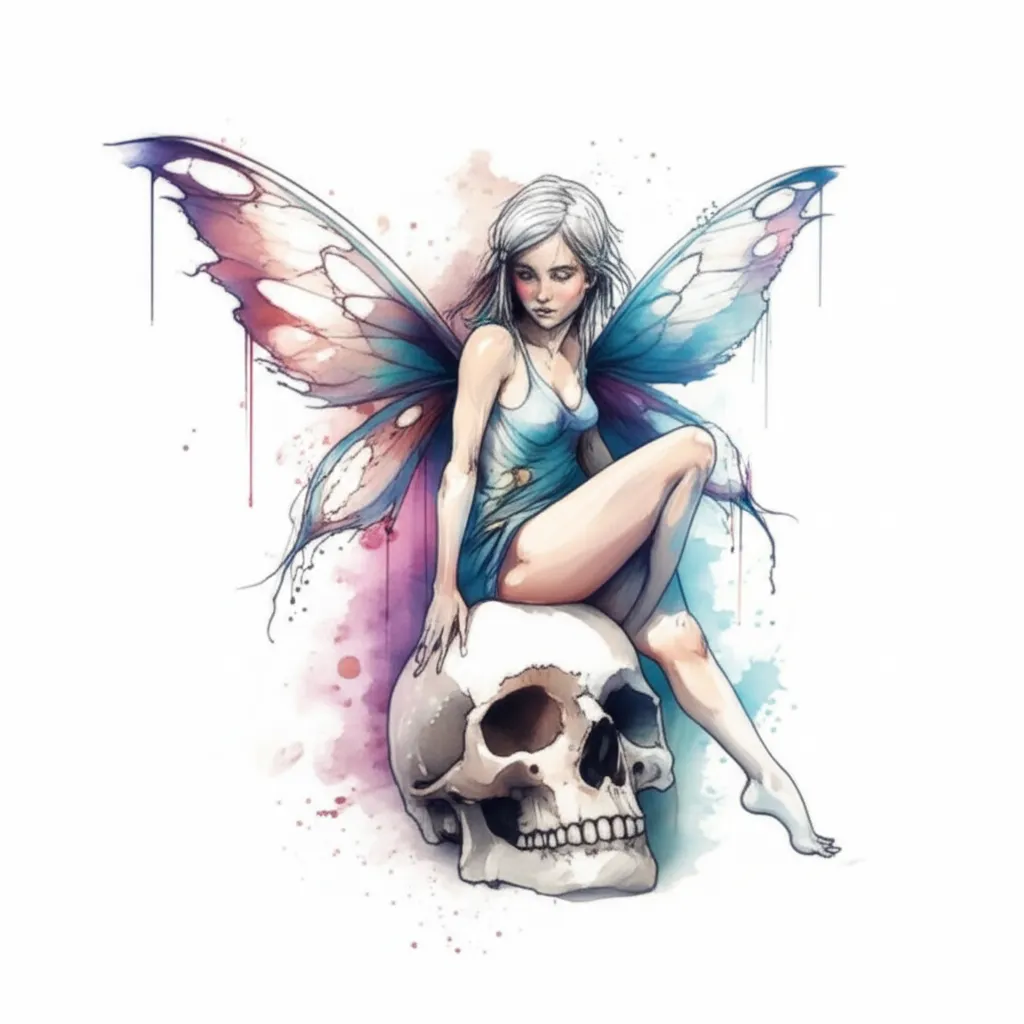 Goth Fairy with Torn Wings Sitting on a Skull Watercolor Tattoo