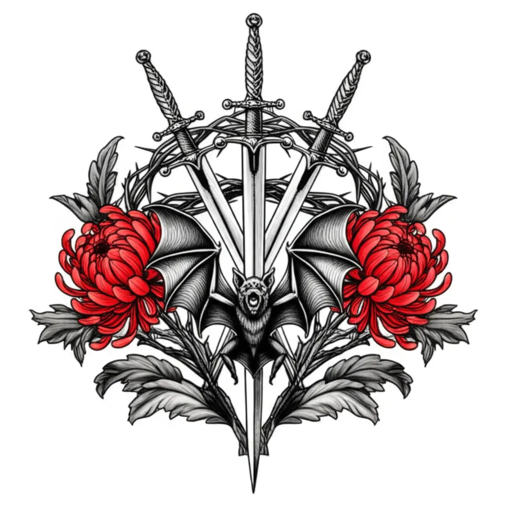 Gothic Bat and Chrysanthemum Tattoo Design Gothic Bat and Chrysanthemum Tattoo Design