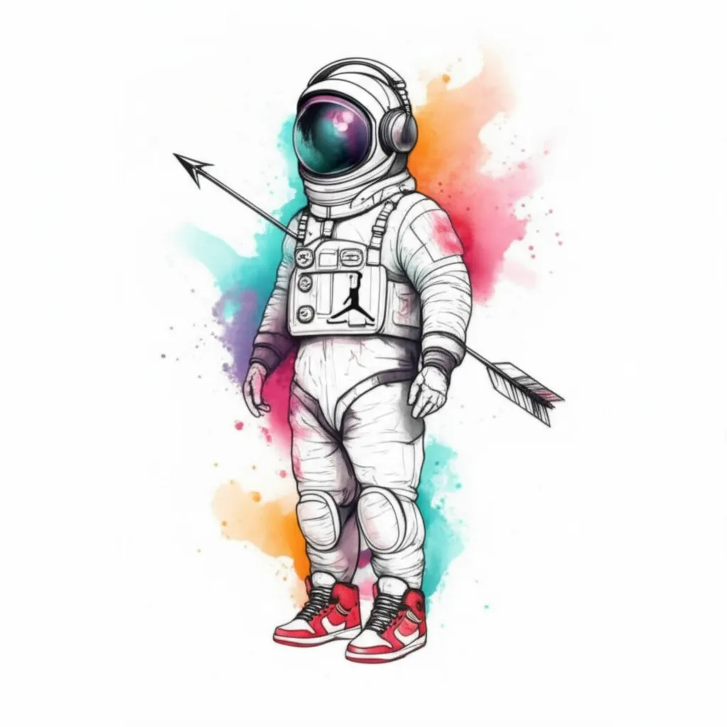 Watercolor astronaut tattoo with Jordans, headphones, and arrow for thigh placement