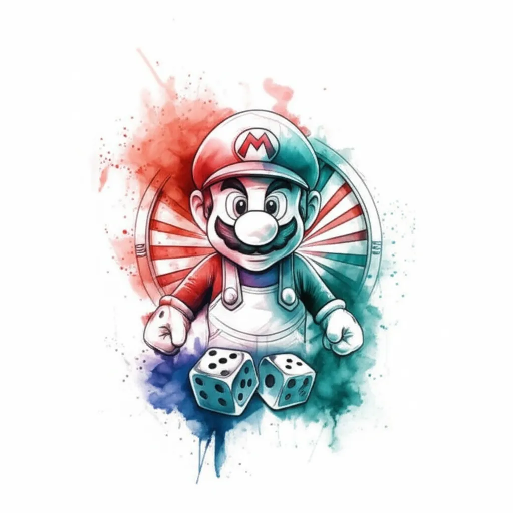 Chicano Mario Watercolor Tattoo Design with Dice and Roulette Chicano Mario Watercolor Tattoo Design with Dice and Roulette