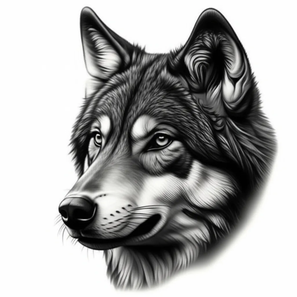 Realistic Wolf Face Tattoo with Nature Background and House Realistic Wolf Face Tattoo with Nature Background and House