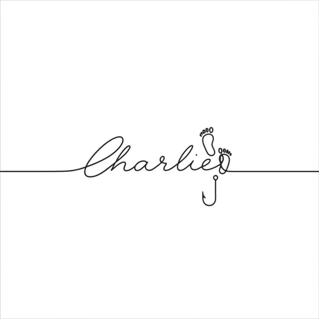 Minimalist Charlie Name Tattoo with Footprints and Fishing Hook