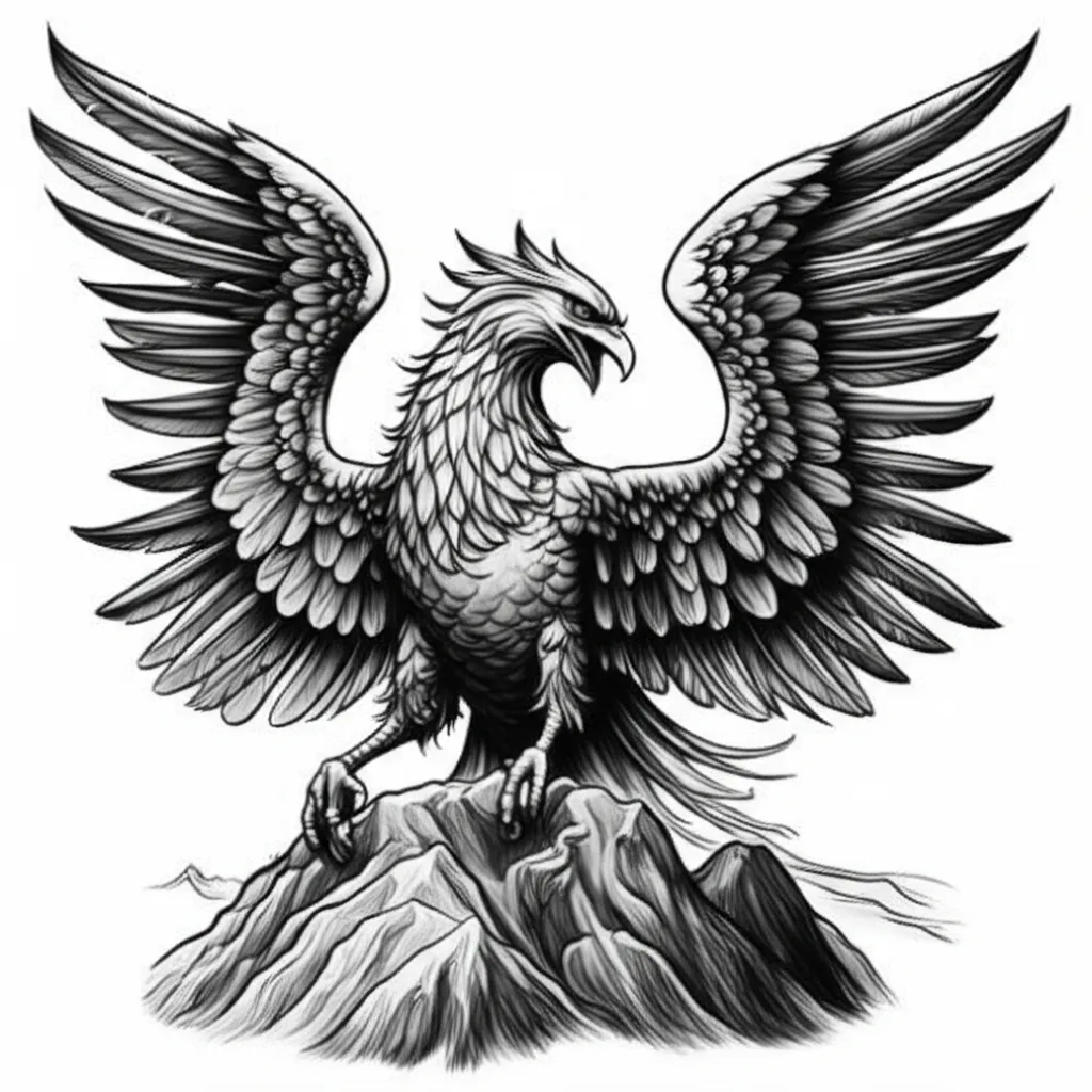 Illustrative Phoenix Tattoo over Mountain Design Illustrative Phoenix Tattoo over Mountain Design