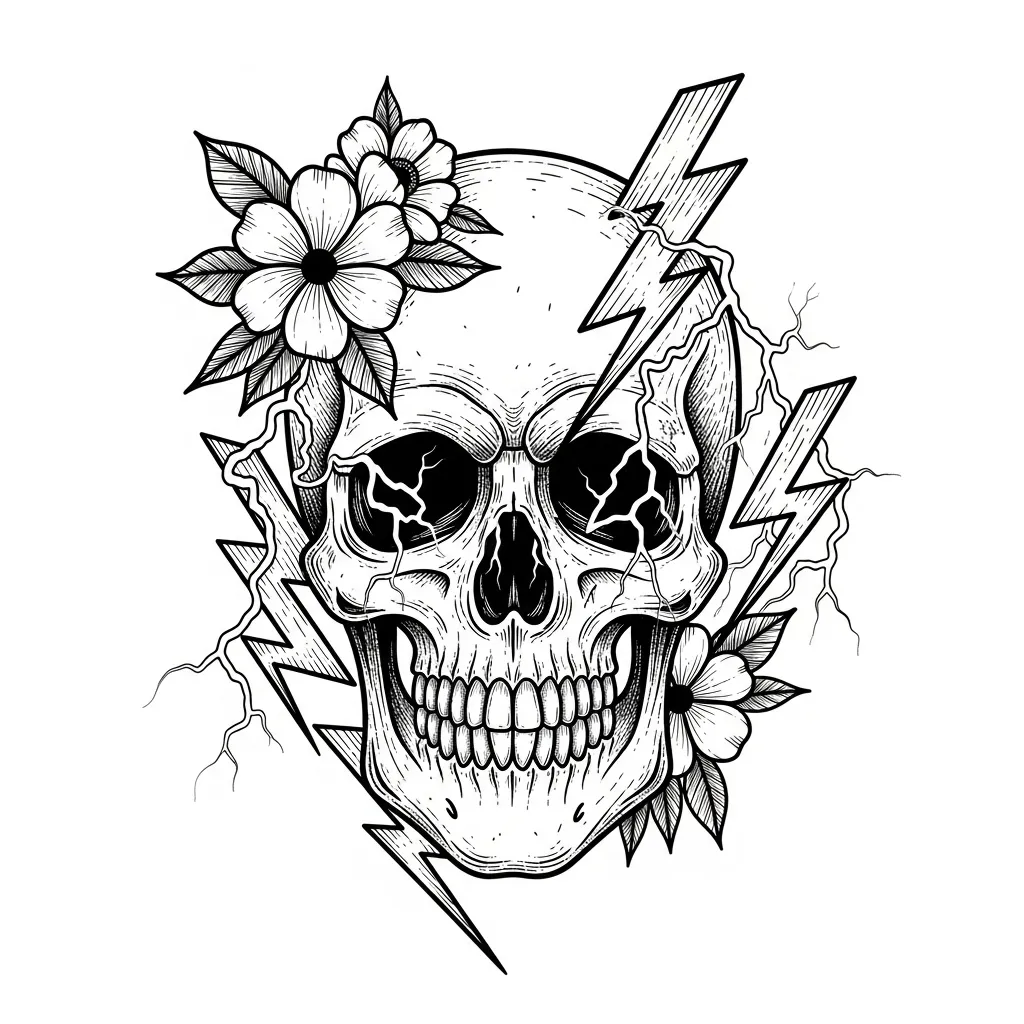 Blackwork Skull Tattoo with Lightning Bolts and Flowers Blackwork Skull Tattoo with Lightning Bolts and Flowers