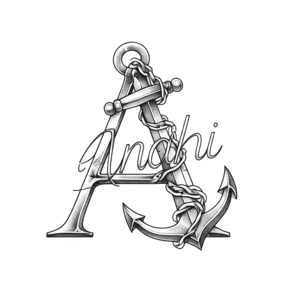 Anahi Name Anchor Tattoo - Fine Line Style Anahi Name Anchor Tattoo - Fine Line Style