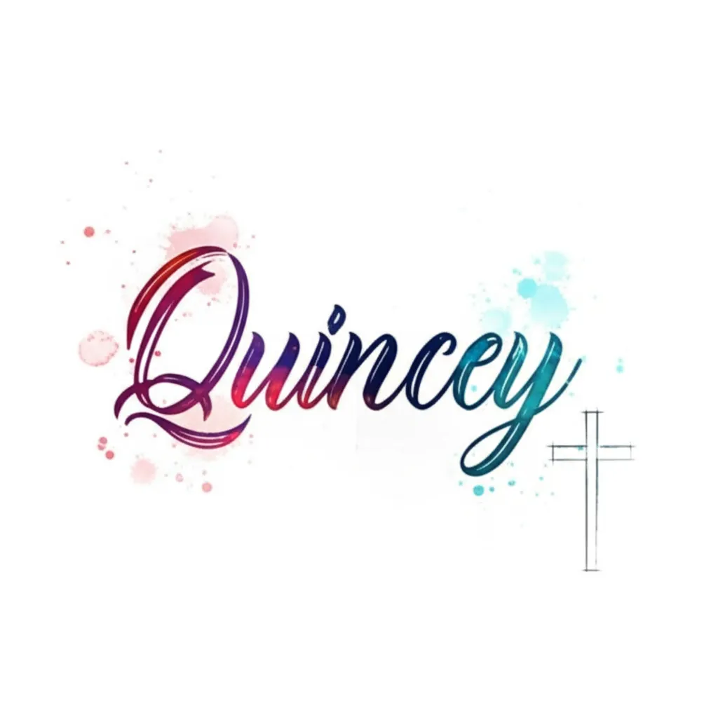 Quincey Name Tattoo with Cross in Watercolor Style