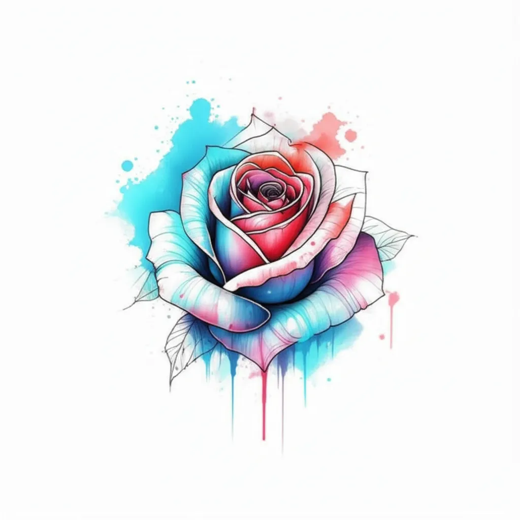 Watercolor Rose Tattoo with Neon Blue Bleeding Effect