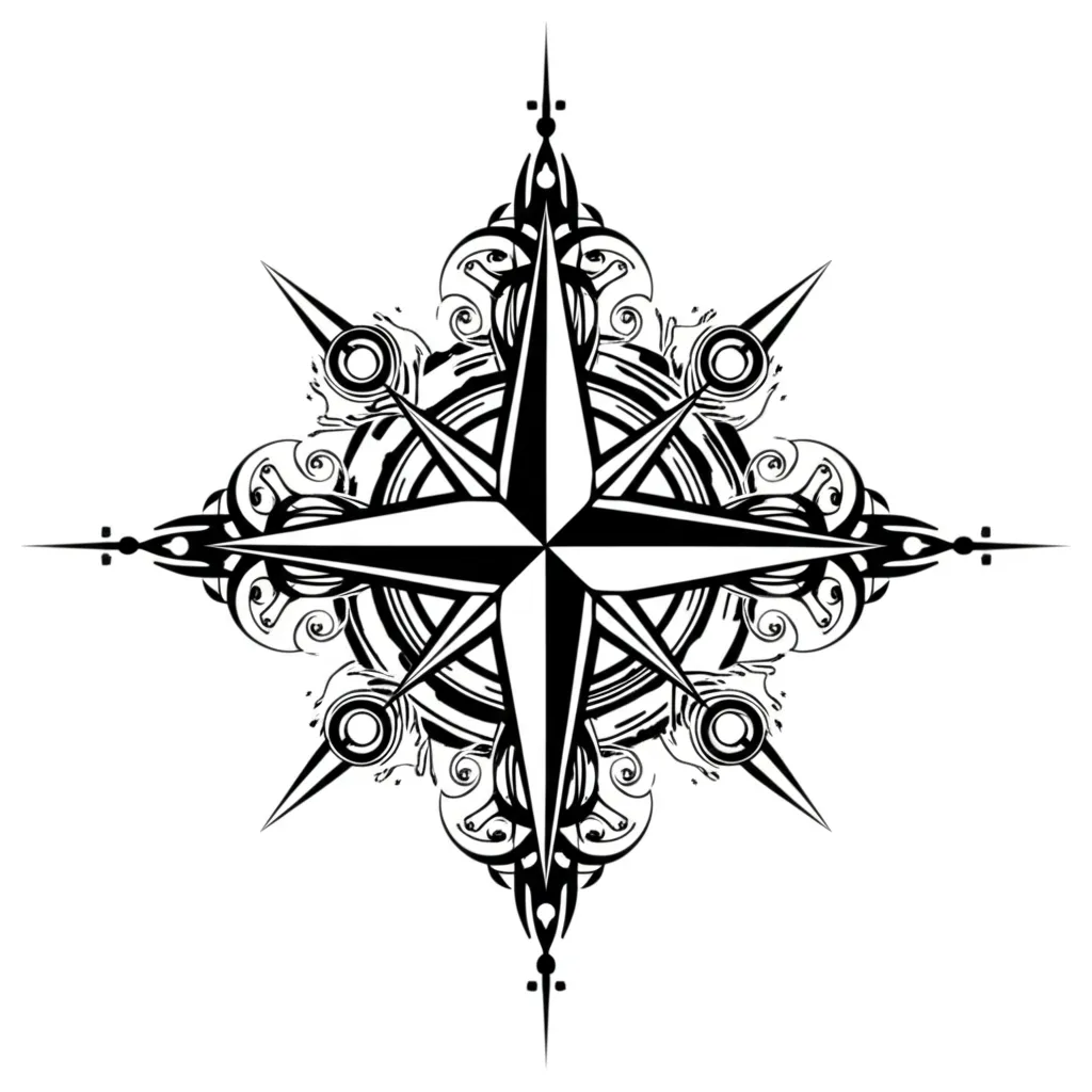 Intricate Cyber Sigilism Compass Tattoo with North, East, South, and West