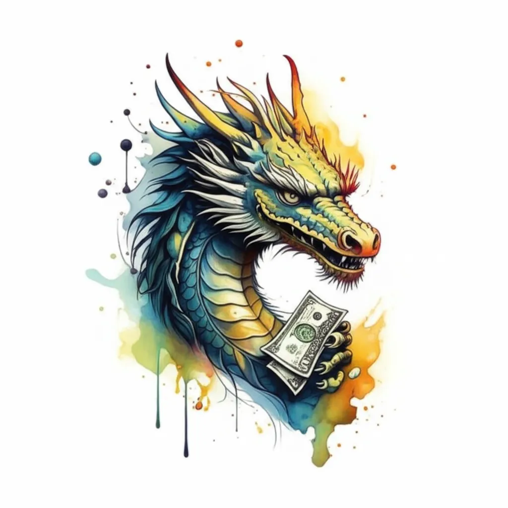 Watercolor Dragon Tattoo Holding Money – Vibrant Financial Power Design