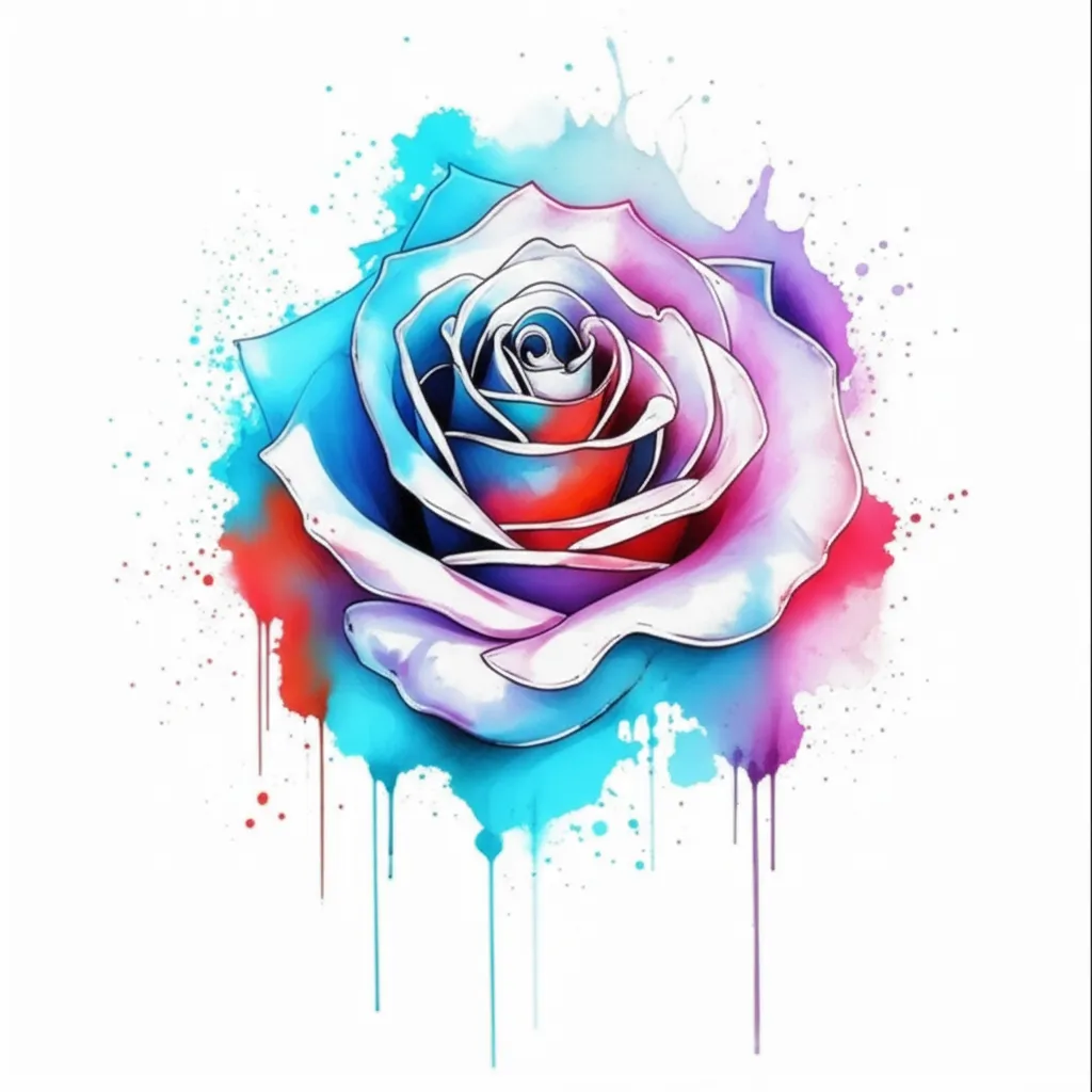 Watercolor Rose Tattoo with Neon Blue Bleeding Effect